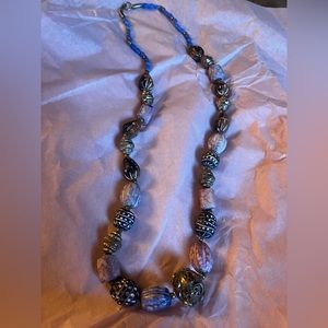 Beaded pink blue silver tan necklace